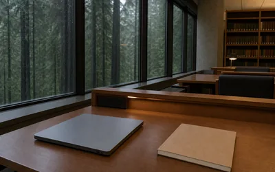 A closed laptop and a plain notebook on a wooden library desk beside tall windows onto rain-wet fir forest (AI-generated image)