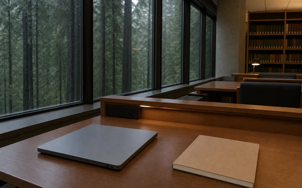 A closed laptop and a plain notebook on a wooden library desk beside tall windows onto rain-wet fir forest (AI-generated image)