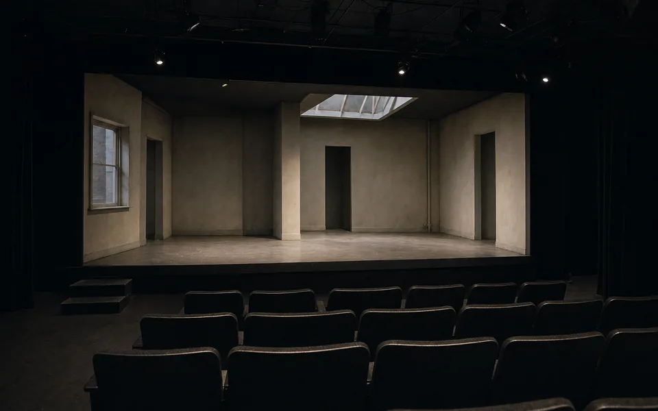 A small black-box theatre seen from the back rows, its low stage set as a bare empty apartment with a skylight (AI-generated image)