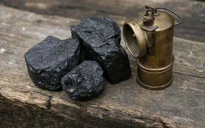Three lumps of black coal beside an old brass miner's lamp on a weathered wooden plank (AI-generated image)