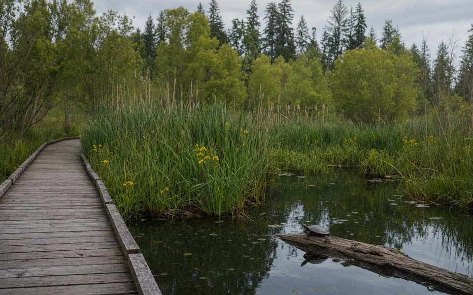 A wooden boardwalk running beside cattails and yellow iris on a still marsh, a turtle basking on a half-sunk log (AI-generated image)