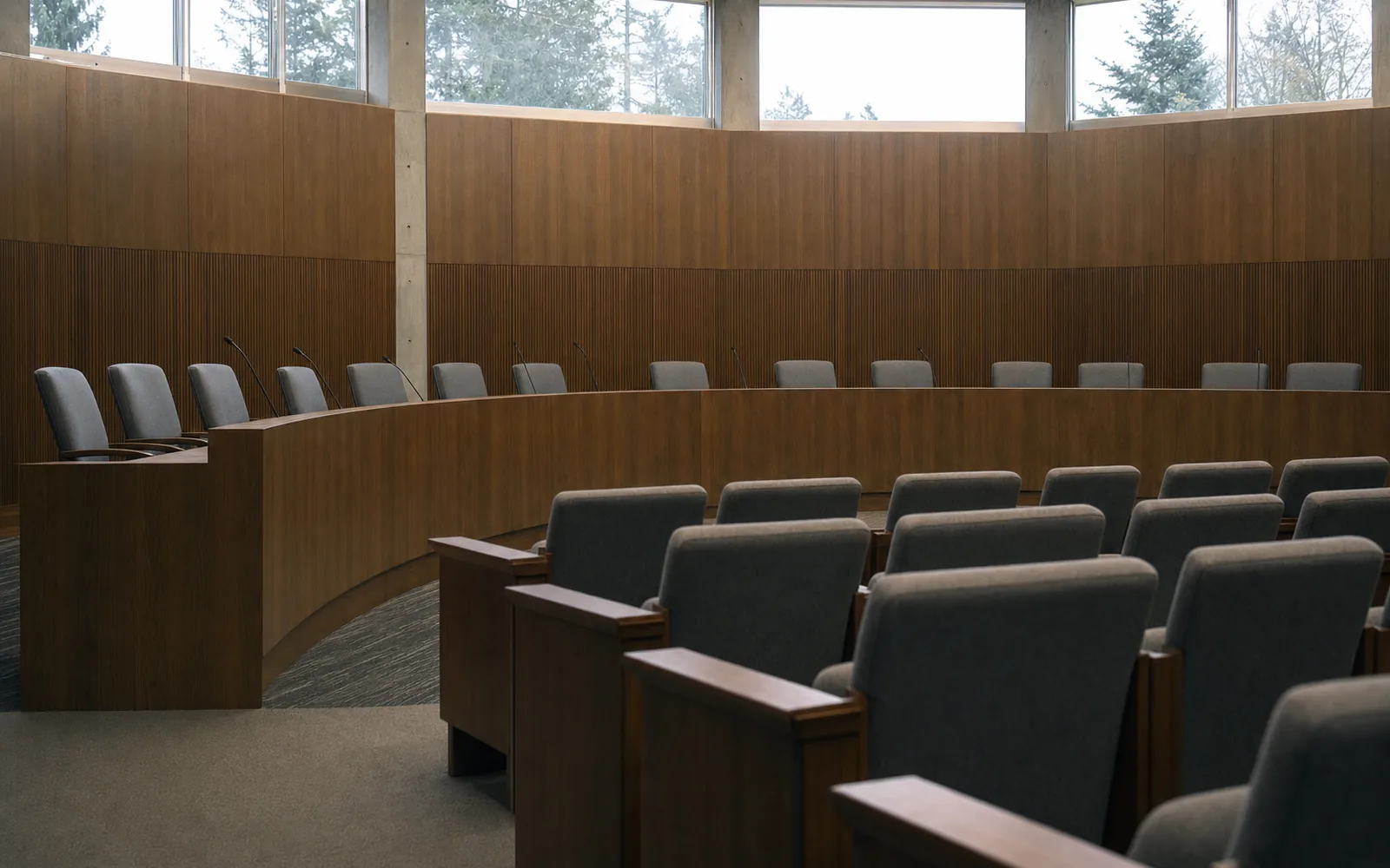 An empty council-chamber-style room with a curved wooden dais, grey chairs and slim microphones, and rows of public seating (AI-generated image)