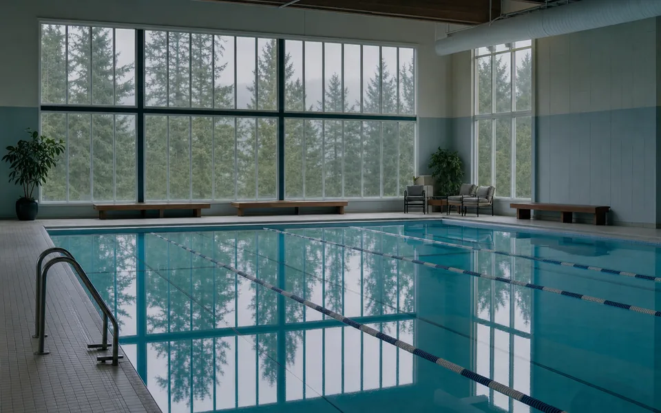 An empty indoor lap pool with lane ropes, a pale tiled deck and tall windows onto evergreen trees (AI-generated image)