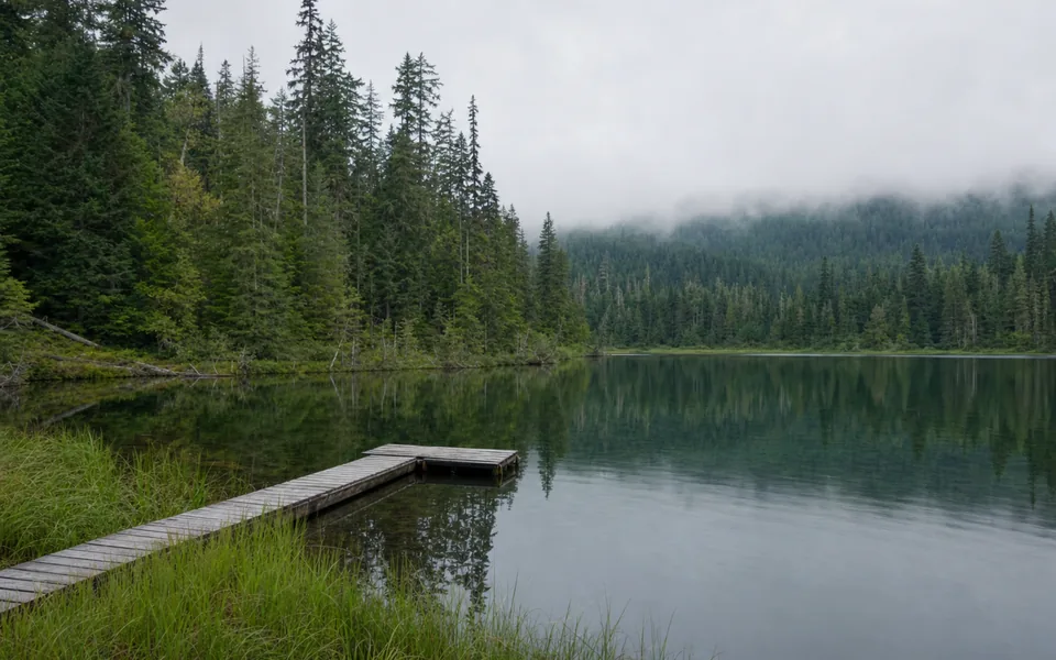 A calm lake ringed by conifer forest, a plain wooden float jutting out from a grassy shore under low mist (AI-generated image)