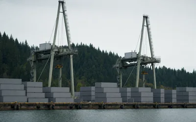 Two pale green ship-to-shore cranes over stacks of plain grey containers on a quay, a forested hill behind (AI-generated image)