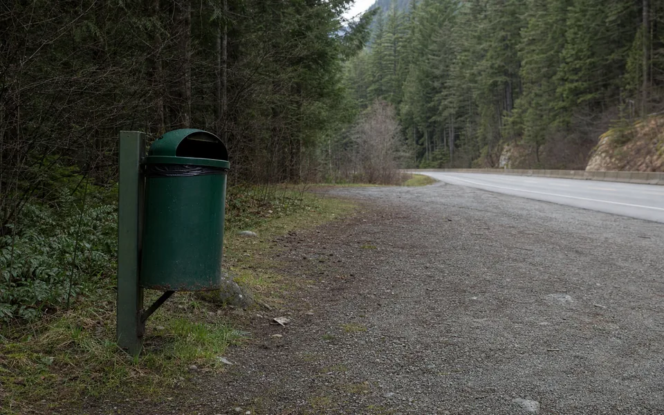 A plain green metal litter bin on a post at the edge of a gravel highway pullout, forest and an empty road behind (AI-generated image)