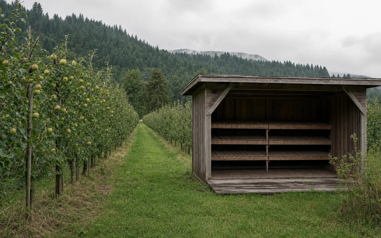 A long row of apple trees with fruit beside an open plain wooden stall shed with empty shelves, forested hills behind (AI-generated image)