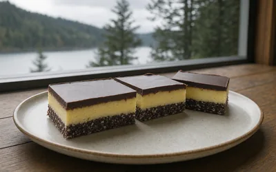 Three square slices with a dark crumb base, a thick pale yellow custard layer and a glossy chocolate top on a stoneware plate (AI-generated image)