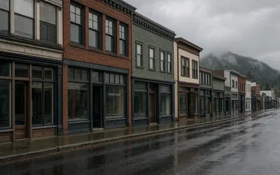 An empty wet street of old two-storey brick and clapboard shopfronts under a cloud-covered hillside (AI-generated image)