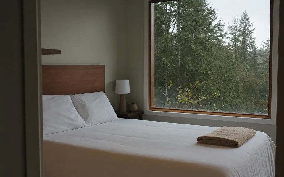 A made bed with plain white linen and a folded towel in a guest room with a large window onto evergreen trees (AI-generated image)