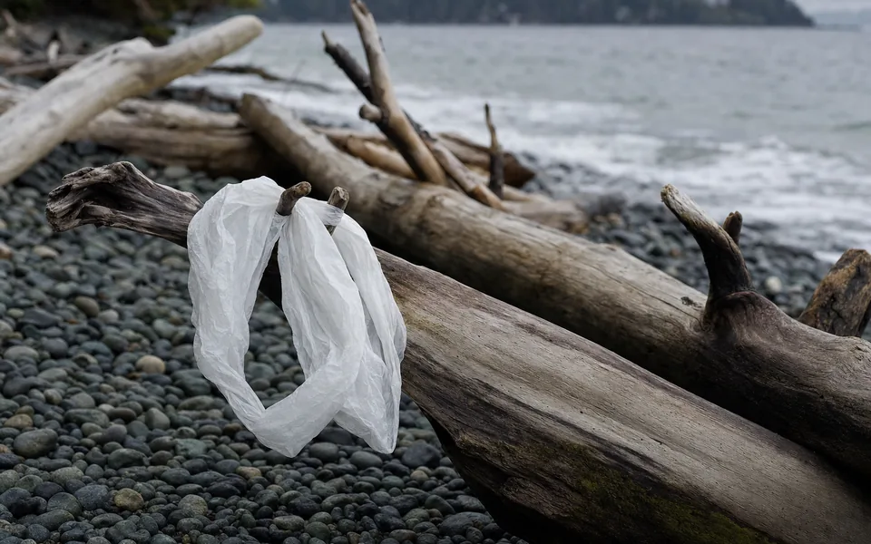 A white plastic shopping bag snagged on driftwood on a pebble beach (AI-generated image)