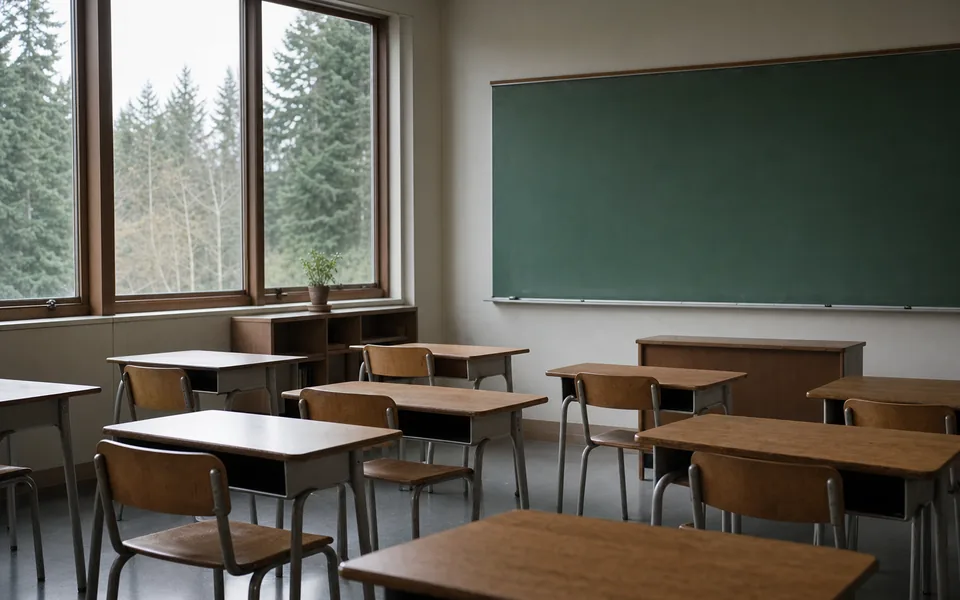 An empty classroom with small wooden desks and chairs, a blank green board and a window onto fir trees (AI-generated image)